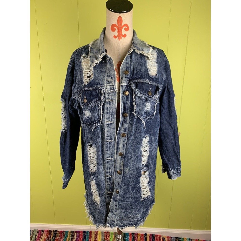 THRILL Jeans Women’s Blue Denim Jacket Size M Ripped Distressed Long
